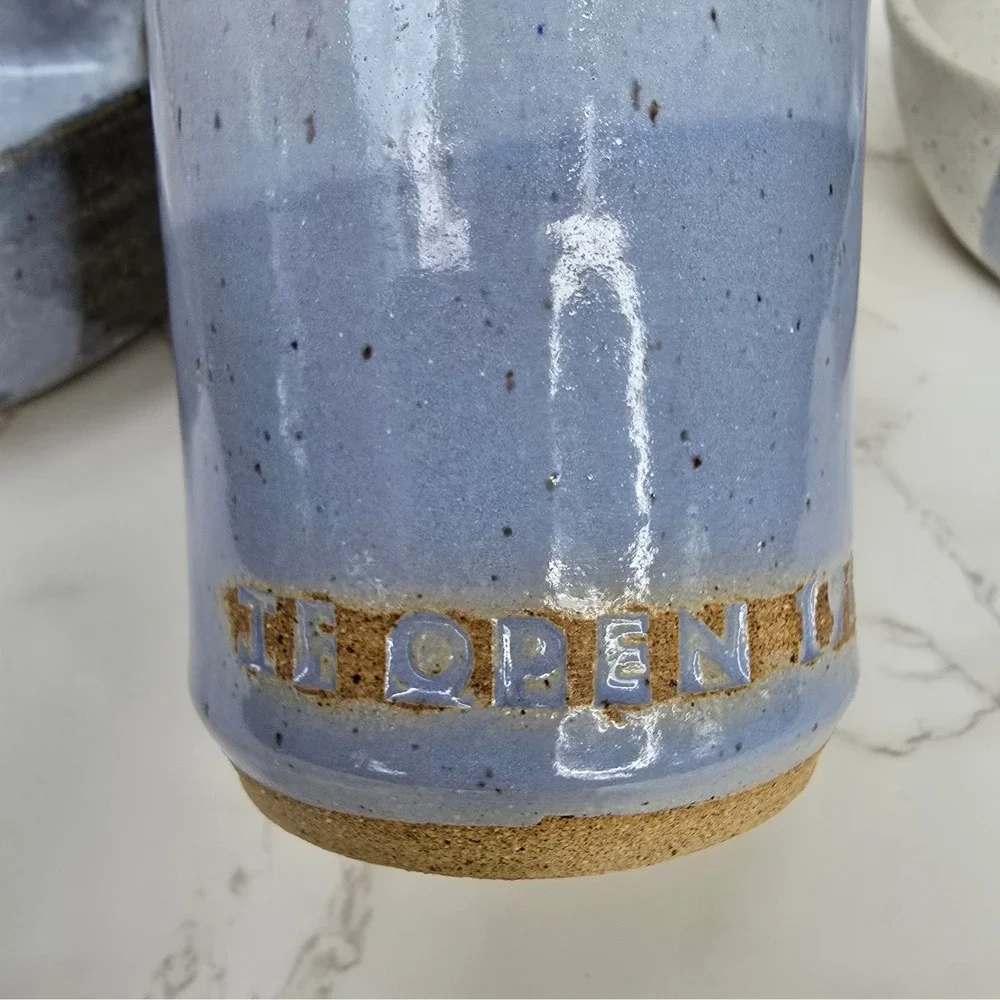 Studio Pottery Blue Glazed Vase and Heart Bowls Set Signed Artisan Stoneware